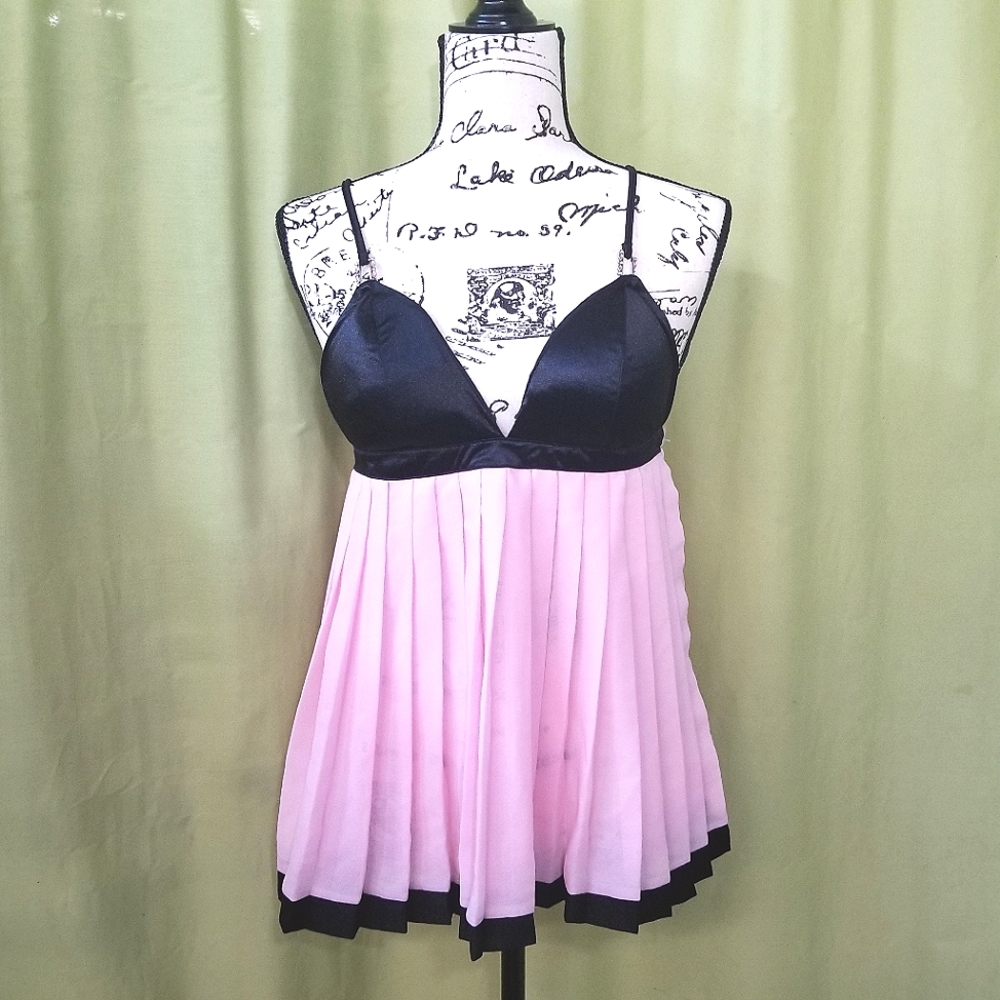Pretty In Pink (& Black) Satin and Sheer Pleated Babydoll Lingerie